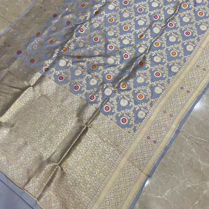 Captivating Drape: The Grey Pure Silk Banarasi Saree by Shades Of Banaras - banarasi - banarasi saree shop - banarasi saree manufacturers - banarasi saree wholesale - banaraasi sarees