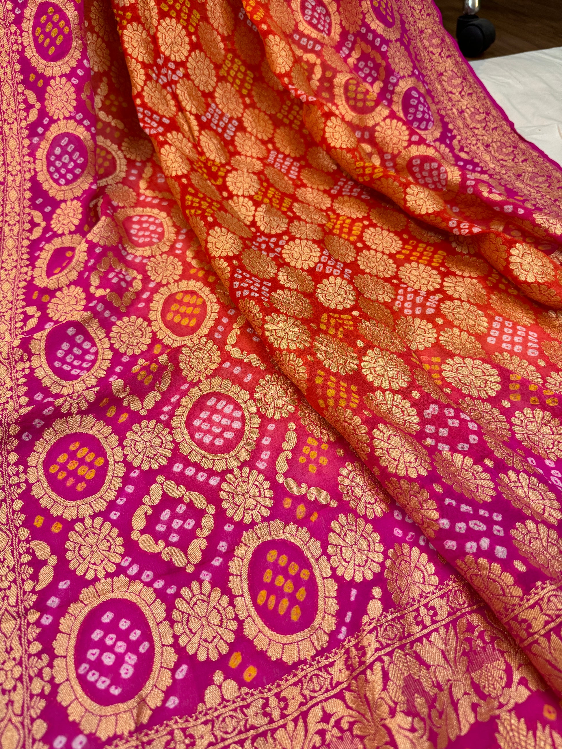 Vibrant Fusion: Orange and Pink Banarasi Khaddi Georgette Dupatta by Shades Of Benares - banarasi - banarasi saree shop