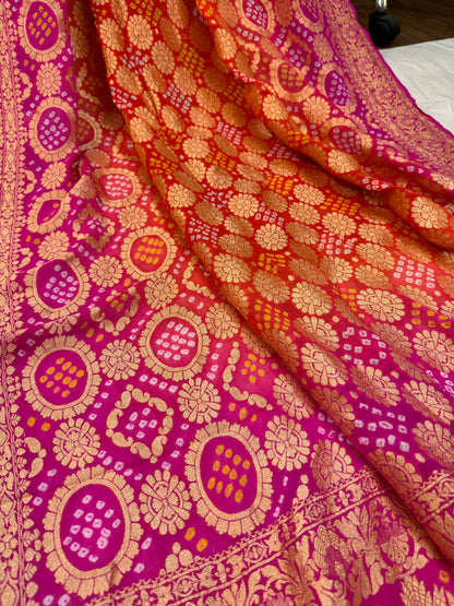 Vibrant Fusion: Orange and Pink Banarasi Khaddi Georgette Dupatta by Shades Of Benares - banarasi - banarasi saree shop