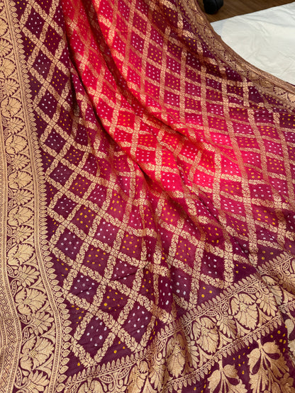 Stunning Wine and Pink Bandhani Dupatta by Shades Of Benares - banarasi - banarasi saree shop