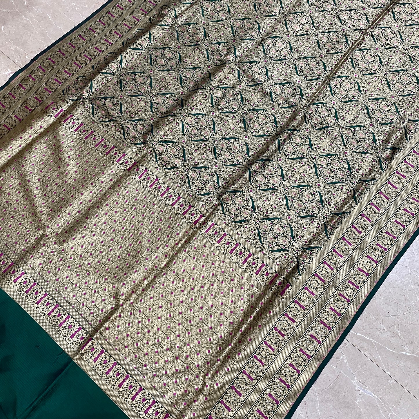 Emerald Patola Elegance — Bottle Green Pure Silk Banarasi Saree with All Over Patola Weave by Shades Of Banaras - banarasi - banarasi saree shop - banarasi saree manufacturers - banarasi saree wholesale - banaraasi sarees