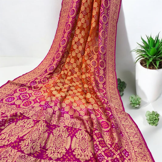 Vibrant Fusion: Orange and Pink Banarasi Khaddi Georgette Dupatta by Shades Of Benares - banarasi - banarasi saree shop