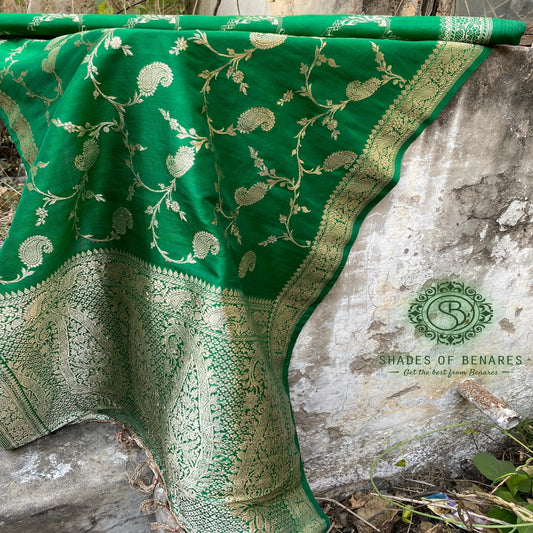 Luxe Bottle Green Banarasi Handloom Kadhwa Silk Scarf by Shades Of Benares - banarasi - banarasi saree shop