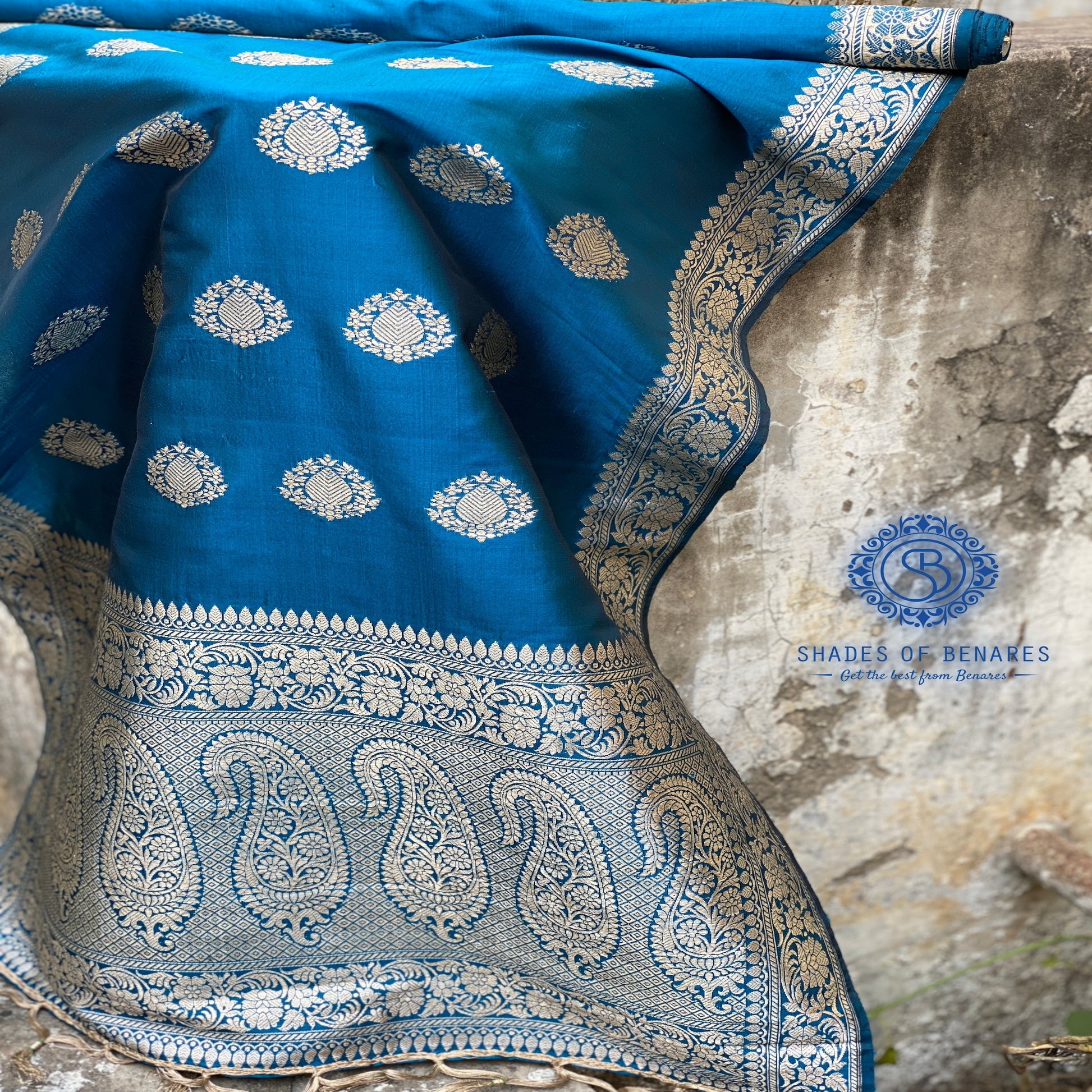 Elegant Blue Banarasi Handloom Kadhwa Silk Scarf by Shades Of Benares - banarasi - banarasi saree shop