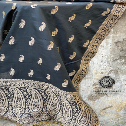 Classic Black Banarasi Handloom Kadhwa Silk Scarf by Shades Of Benares - banarasi - banarasi saree shop