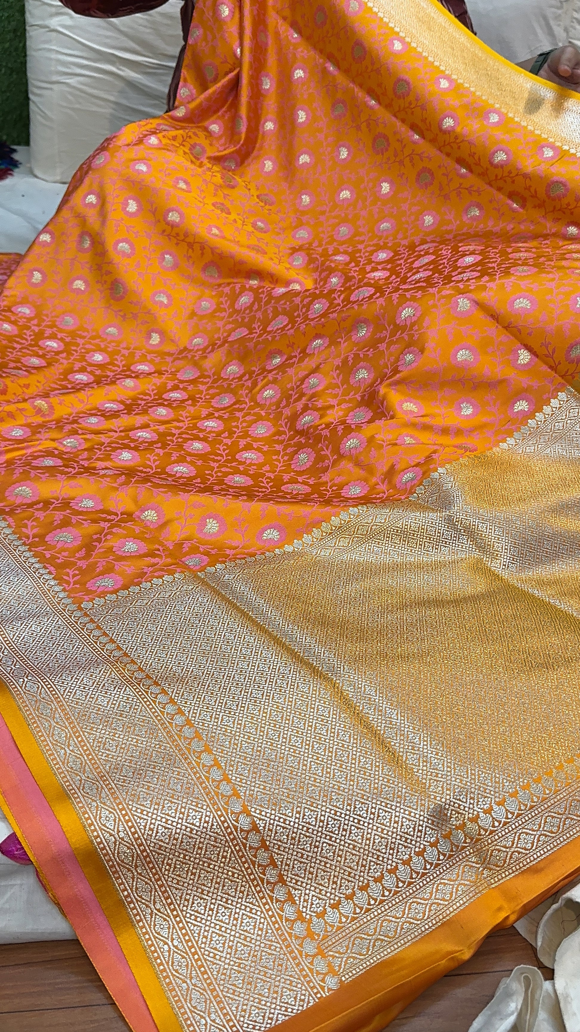 Vibrant Banarasi Silk Saree with Jaal Work by Shades Of Benares - banarasi - banarasi saree shop