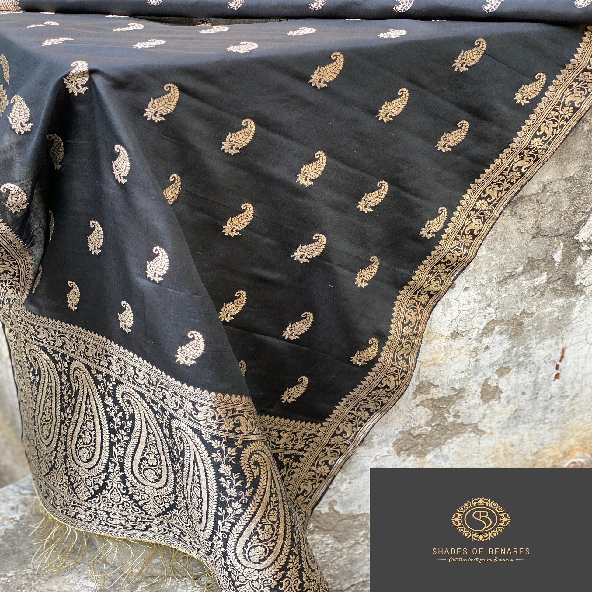 Elegant Black Banarasi Handloom Kadhwa Silk Scarf by Shades Of Benares - banarasi - banarasi saree shop