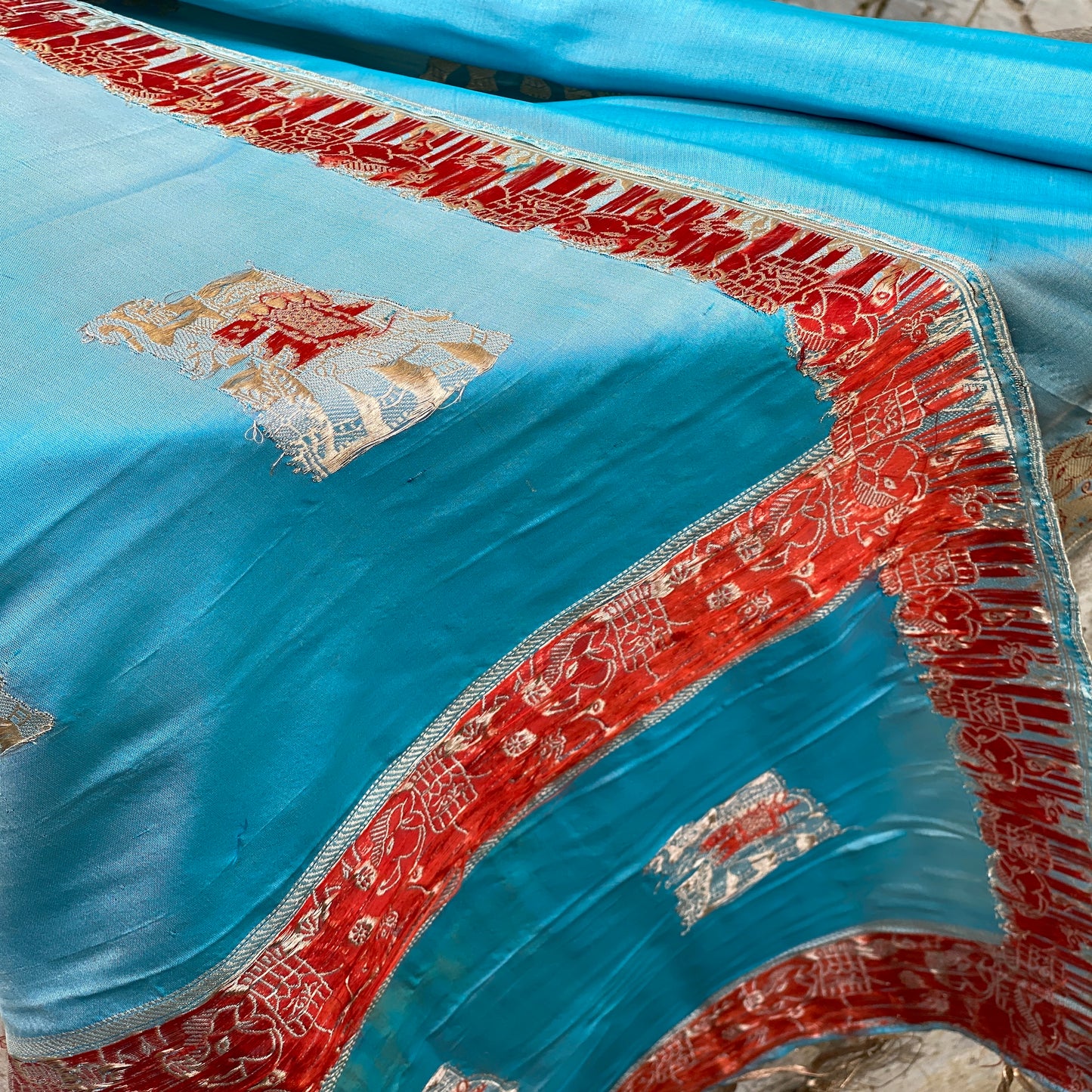 Sky Blue Minakari Banarasi Handloom Kadhwa Silk Scarf by Shades Of Benares - banarasi - banarasi saree shop