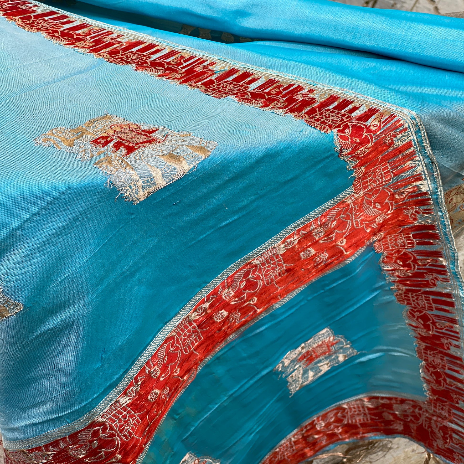 Sky Blue Minakari Banarasi Handloom Kadhwa Silk Scarf by Shades Of Benares - banarasi - banarasi saree shop