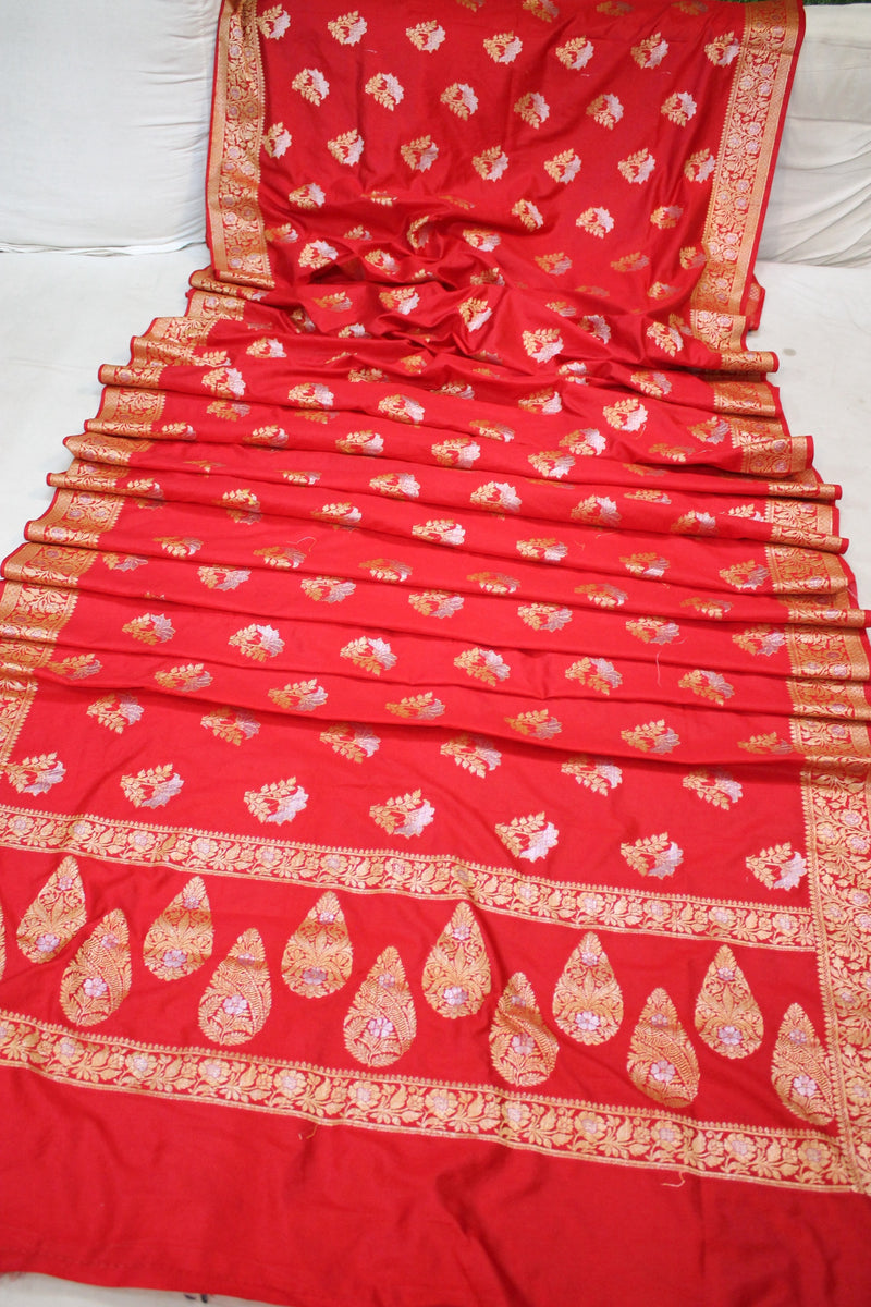 Scarlet Splendor: Red Sona Rupa Buti Katan Soft Butter Silk Handloom Banarasi Saree by Shades Of Benares - banarasi - banarasi saree shop