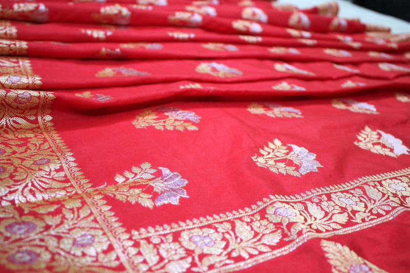 Scarlet Splendor: Red Sona Rupa Buti Katan Soft Butter Silk Handloom Banarasi Saree by Shades Of Benares - banarasi - banarasi saree shop