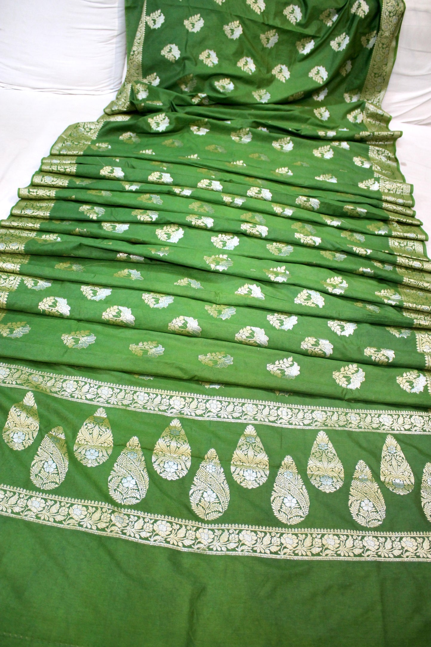 Natural Elegance: Leaf Green Sona Rupa Buti Katan Soft Butter Silk Handloom Banarasi Saree by Shades Of Benares - banarasi - banarasi saree shop