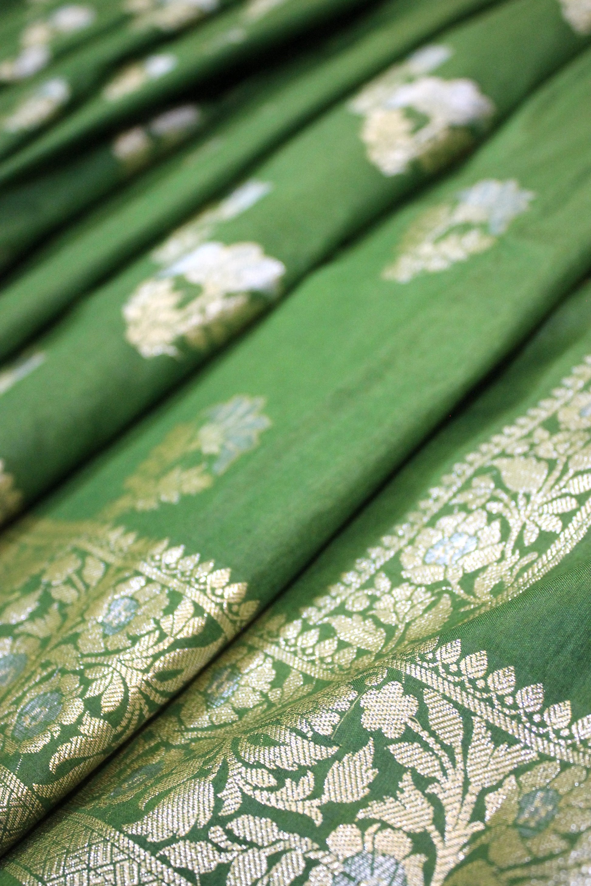 Natural Elegance: Leaf Green Sona Rupa Buti Katan Soft Butter Silk Handloom Banarasi Saree by Shades Of Benares - banarasi - banarasi saree shop