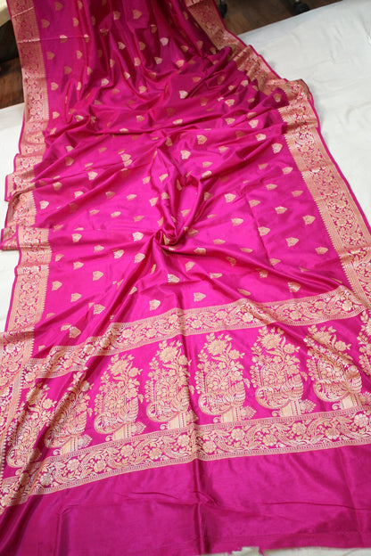 Rani Pink Buti Katan Soft Butter Silk Handloom Banarasi Saree by Shades Of Benares - banarasi - banarasi saree shop