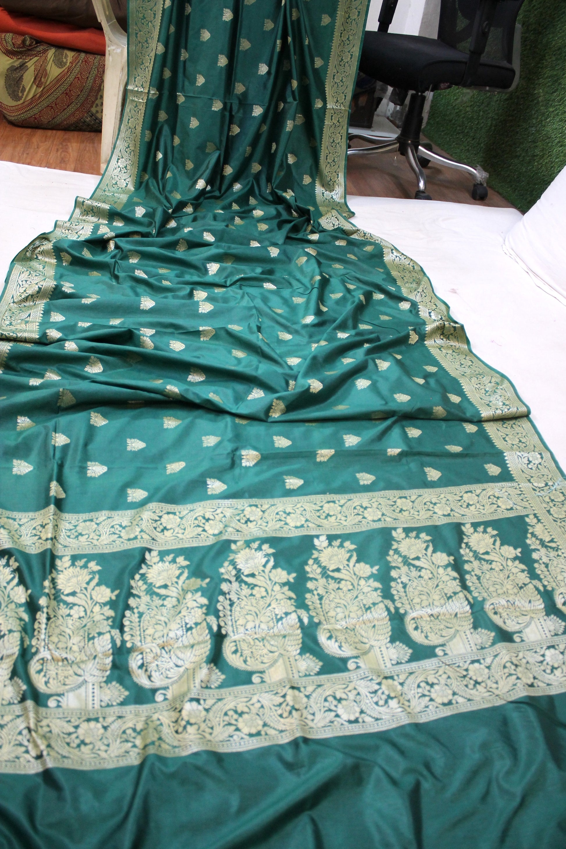 Bottle Green Buti Katan Soft Butter Silk Handloom Banarasi Saree by Shades Of Benares - banarasi - banarasi saree shop