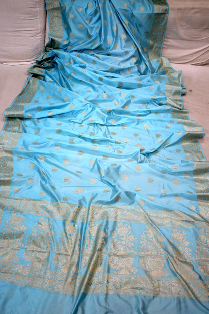 Sky Blue Buti Katan Soft Butter Silk Handloom Banarasi Saree by Shades Of Benares - banarasi - banarasi saree shop