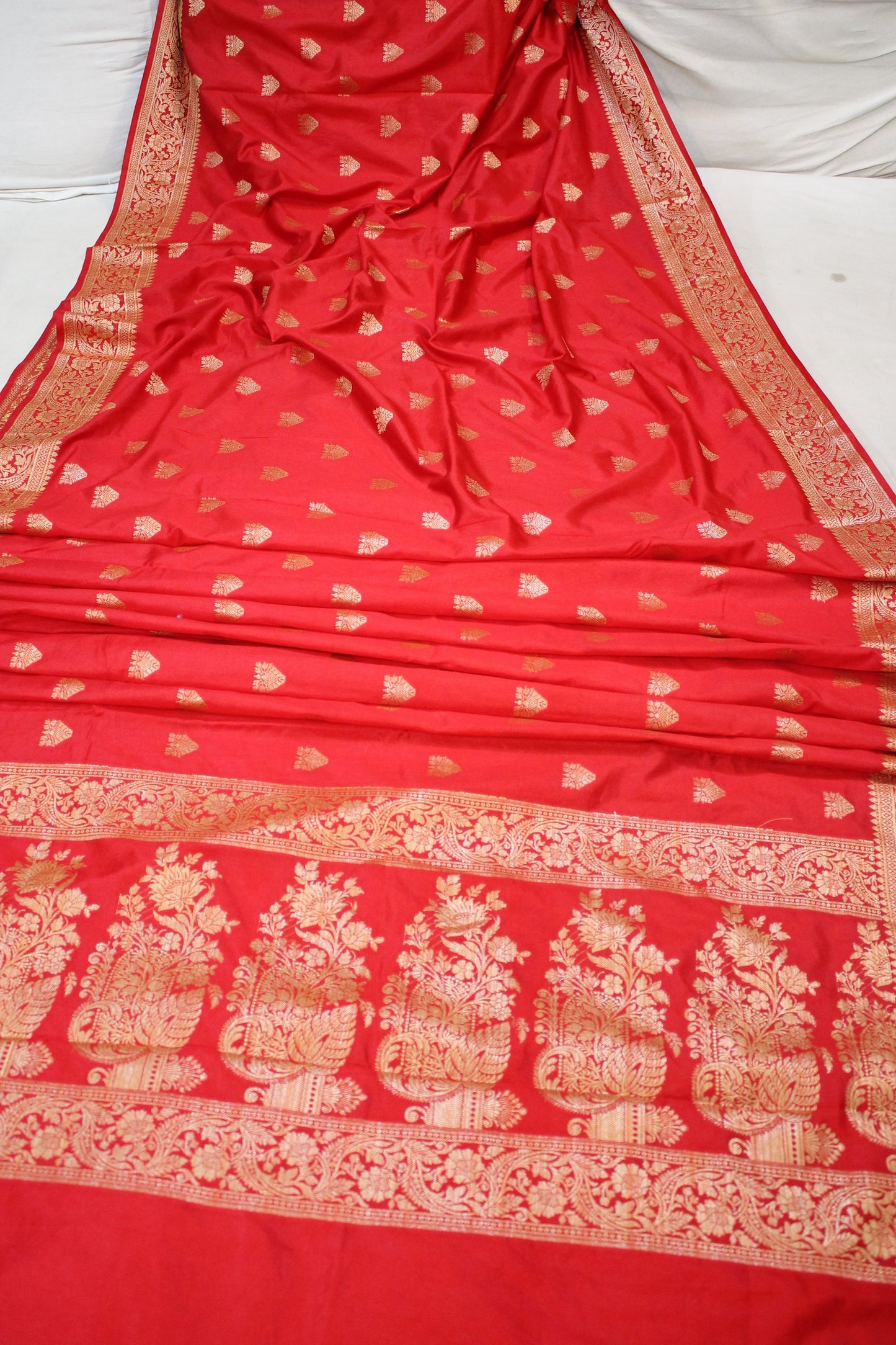 Bridal Elegance: Red Buti Katan Soft Butter Silk Handloom Banarasi Saree by Shades Of Benares - banarasi - banarasi saree shop