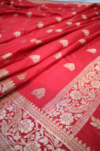 Bridal Elegance: Red Buti Katan Soft Butter Silk Handloom Banarasi Saree by Shades Of Benares - banarasi - banarasi saree shop