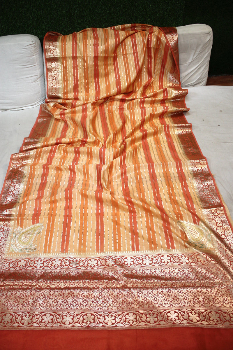 Orange & Creme Striped Katan Soft Silk Handloom Banarasi Saree by Shades Of Benares - banarasi - banarasi saree shop