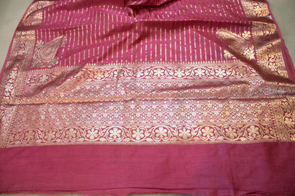 Pink Striped Katan Soft Silk Handloom Banarasi Saree by Shades Of Benares - banarasi - banarasi saree shop