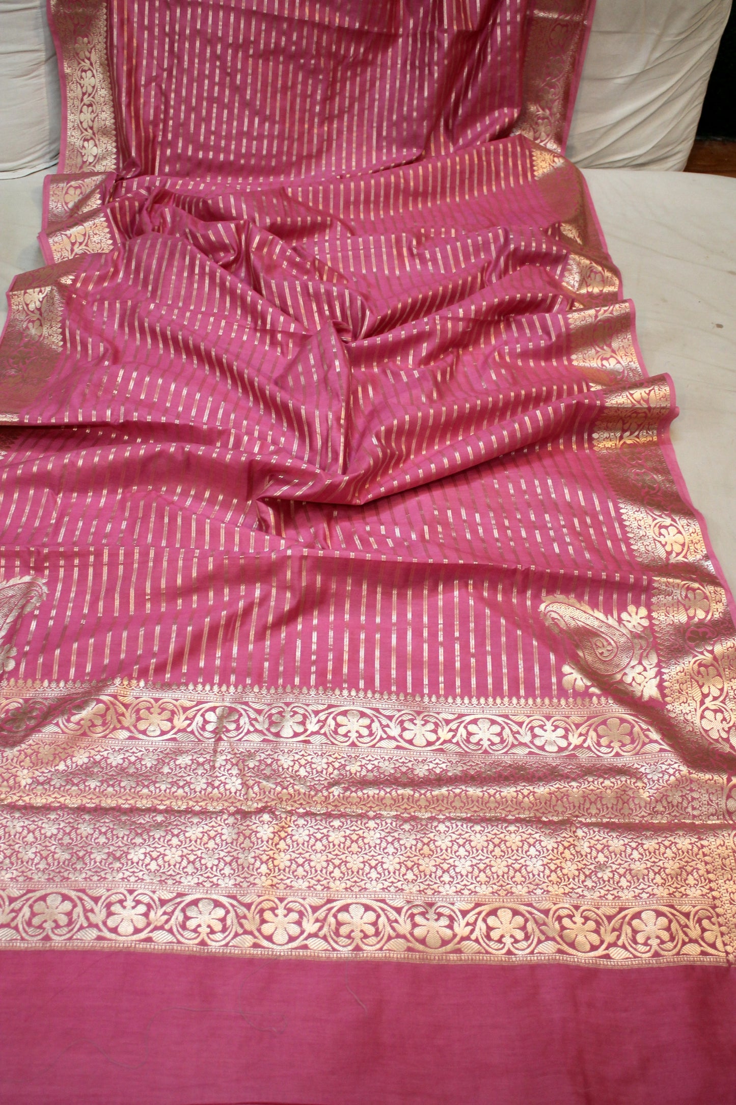 Pink Striped Katan Soft Silk Handloom Banarasi Saree by Shades Of Benares - banarasi - banarasi saree shop