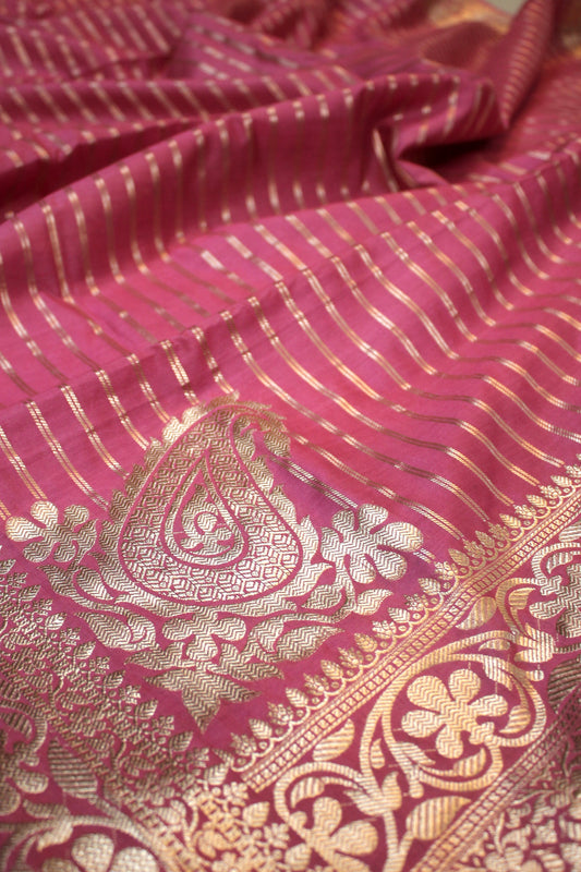 Pink Striped Katan Soft Silk Handloom Banarasi Saree by Shades Of Benares - banarasi - banarasi saree shop