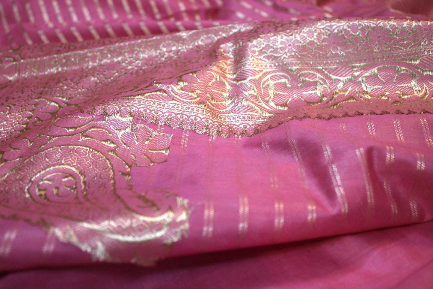 Pink Striped Katan Soft Silk Handloom Banarasi Saree by Shades Of Benares - banarasi - banarasi saree shop