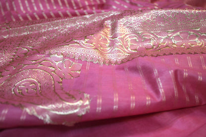 Pink Striped Katan Soft Silk Handloom Banarasi Saree by Shades Of Benares - banarasi - banarasi saree shop