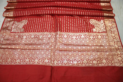 Red Striped Katan Soft Silk Handloom Banarasi Saree by Shades Of Benares - banarasi - banarasi saree shop