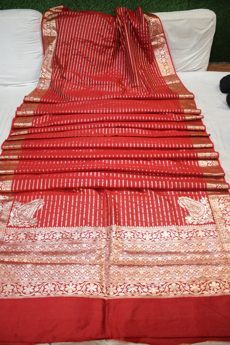 Red Striped Katan Soft Silk Handloom Banarasi Saree by Shades Of Benares - banarasi - banarasi saree shop