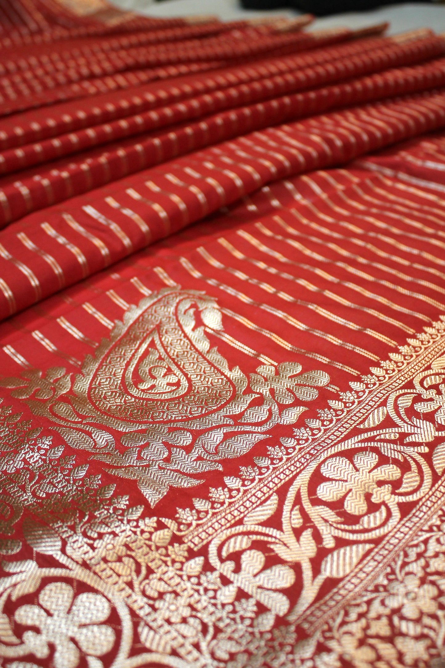 Red Striped Katan Soft Silk Handloom Banarasi Saree by Shades Of Benares - banarasi - banarasi saree shop