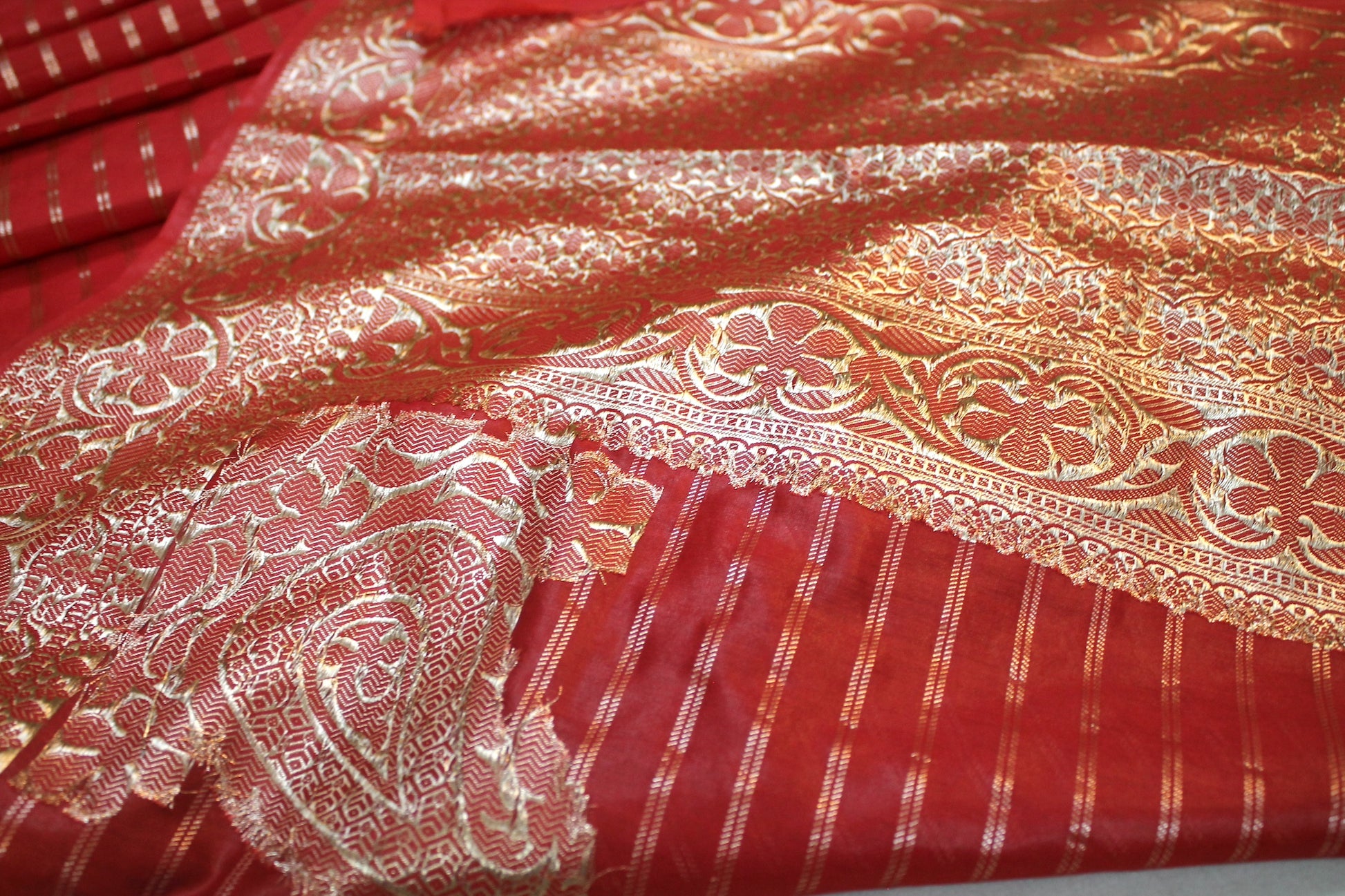 Red Striped Katan Soft Silk Handloom Banarasi Saree by Shades Of Benares - banarasi - banarasi saree shop