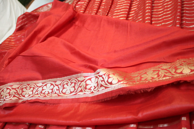 Red Striped Katan Soft Silk Handloom Banarasi Saree by Shades Of Benares - banarasi - banarasi saree shop