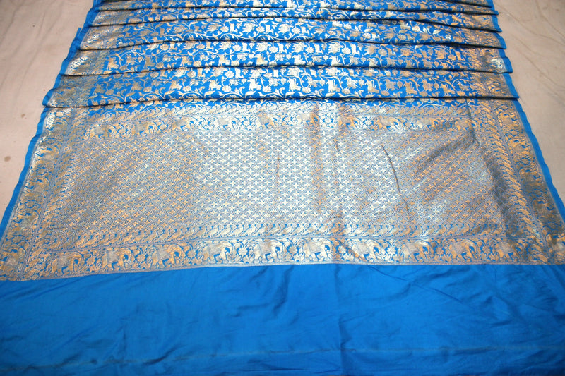 Blue Shikargaah Pure Katan Silk Handloom Banarasi Saree by Shades Of Benares - banarasi - banarasi saree shop