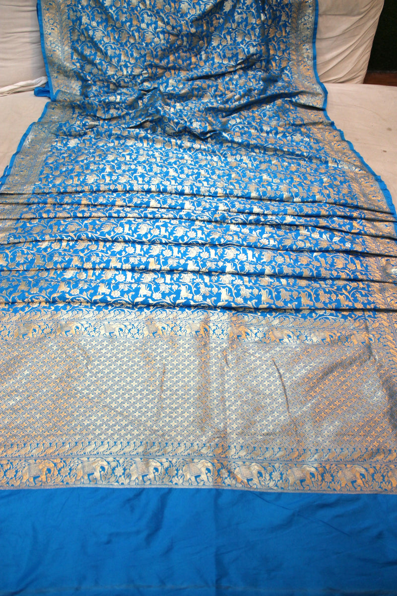 Blue Shikargaah Pure Katan Silk Handloom Banarasi Saree by Shades Of Benares - banarasi - banarasi saree shop