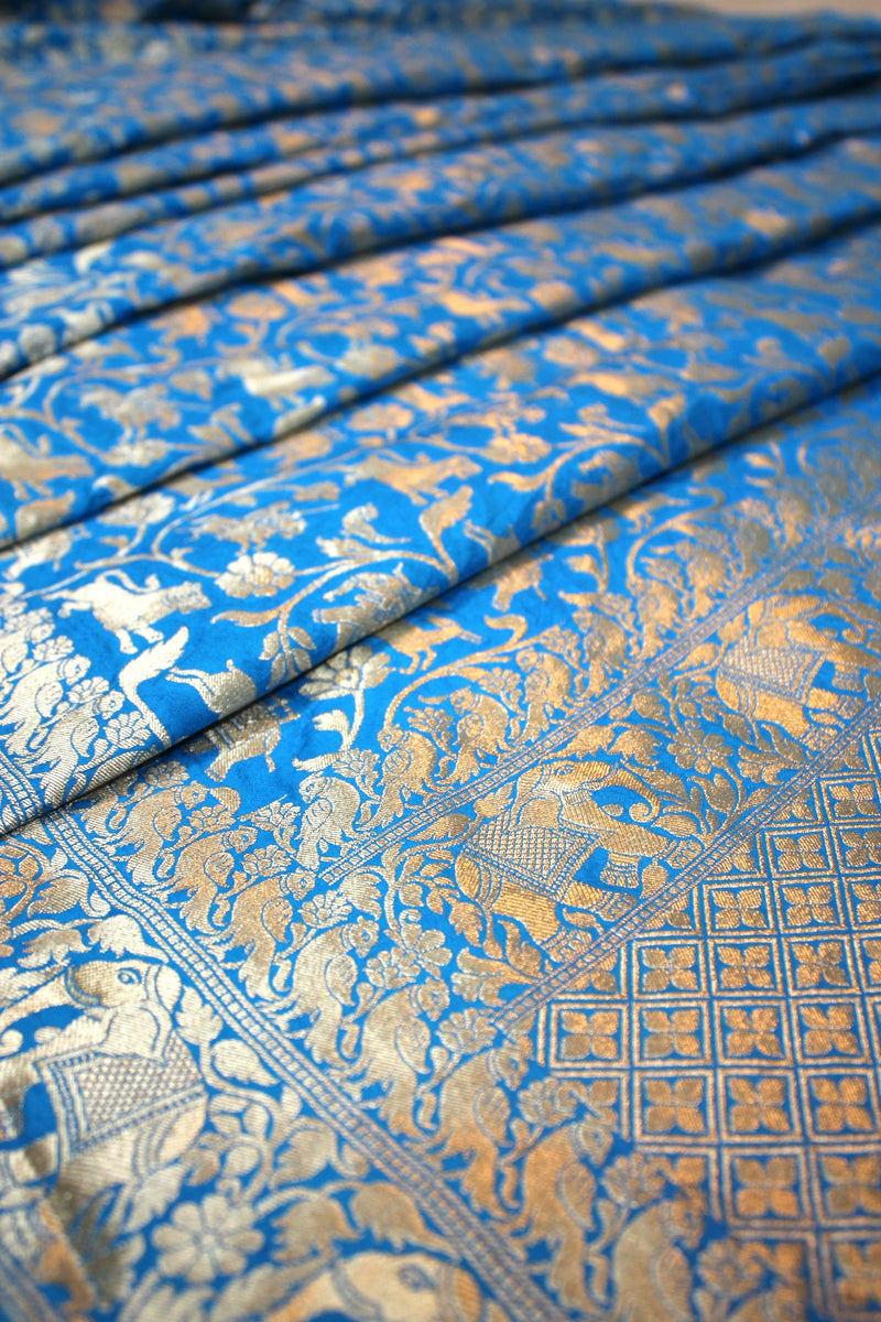 Blue Shikargaah Pure Katan Silk Handloom Banarasi Saree by Shades Of Benares - banarasi - banarasi saree shop