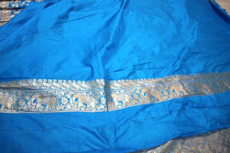 Blue Shikargaah Pure Katan Silk Handloom Banarasi Saree by Shades Of Benares - banarasi - banarasi saree shop