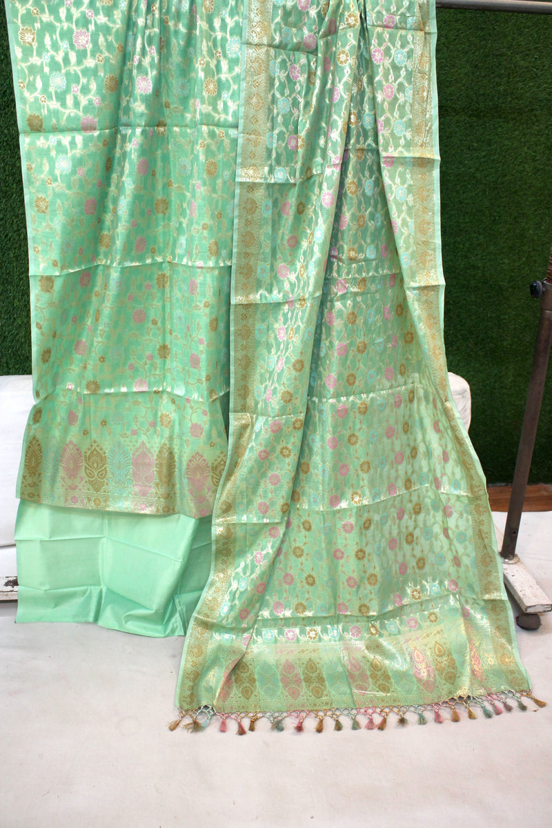 Green Tilfi Weave 3-Piece Pure Cotton Handloom Banarasi Suit Set by Shades Of Benares - banarasi - banarasi saree shop