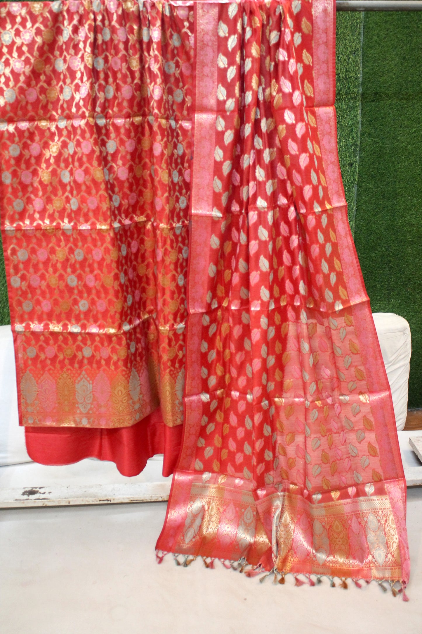 Red Tilfi Weave 3-Piece Pure Cotton Handloom Banarasi Suit Set by Shades Of Benares - banarasi - banarasi saree shop