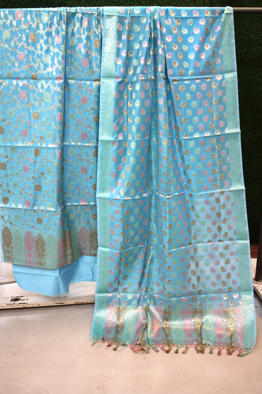 Sky Blue Tilfi Weave 3-Piece Pure Cotton Handloom Banarasi Suit Set by Shades Of Benares - banarasi - banarasi saree shop