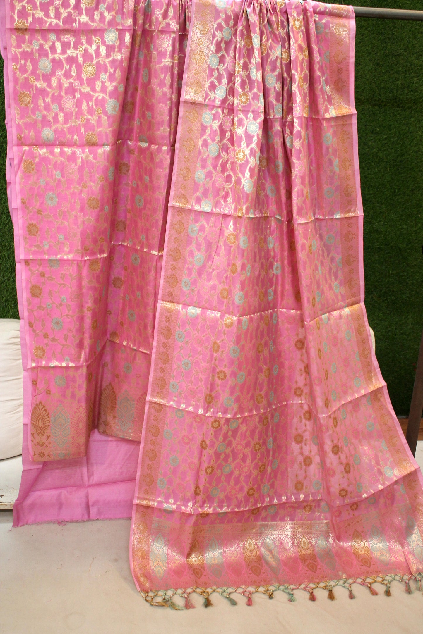 Pink Tilfi Weave 3-Piece Pure Cotton Handloom Banarasi Suit Set by Shades Of Benares - banarasi - banarasi saree shop