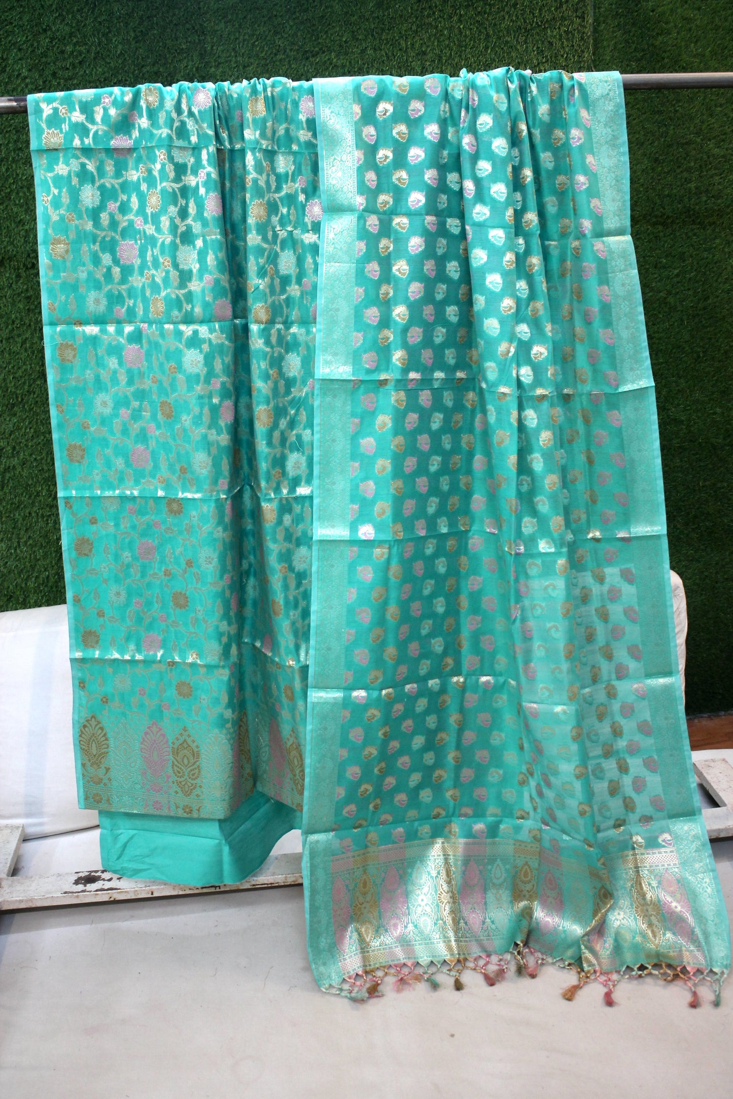 Green Tilfi Weave 3-Piece Pure Cotton Handloom Banarasi Suit Set by Shades Of Benares - banarasi - banarasi saree shop