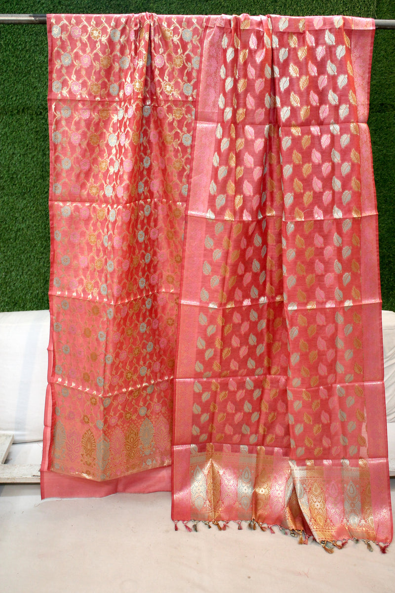 Peachish Pink Tilfi Weave 3-Piece Pure Cotton Handloom Banarasi Suit Set by Shades Of Benares - banarasi - banarasi saree shop