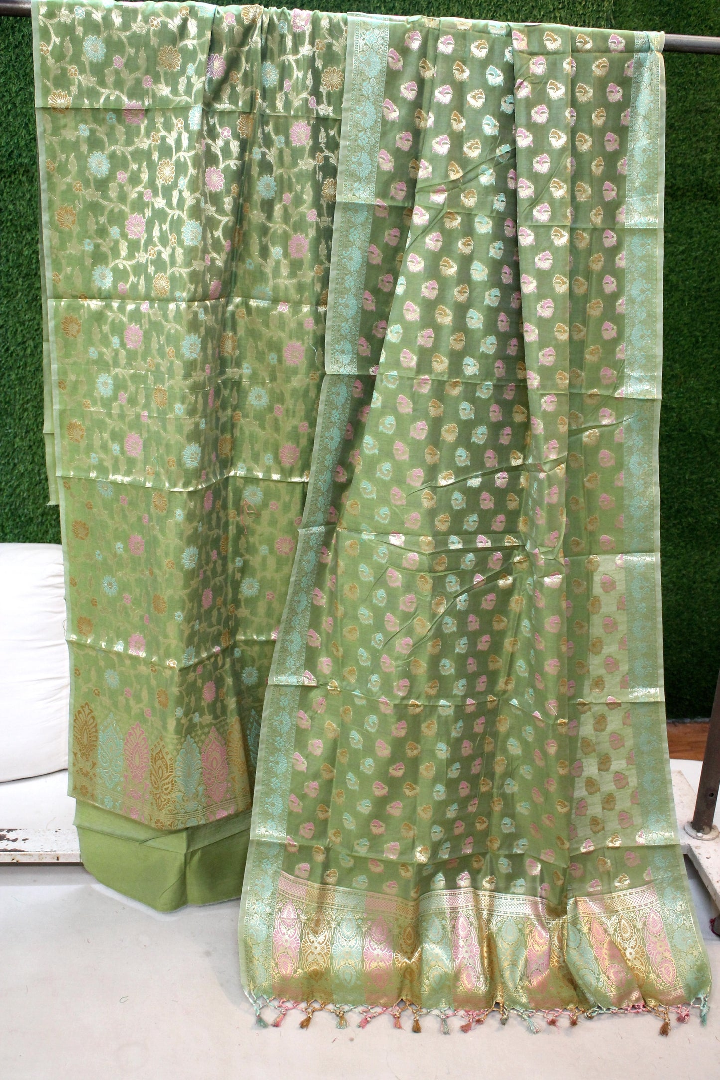 Pastel Green Tilfi Weave 3-Piece Pure Cotton Handloom Banarasi Suit Set by Shades Of Benares - banarasi - banarasi saree shop