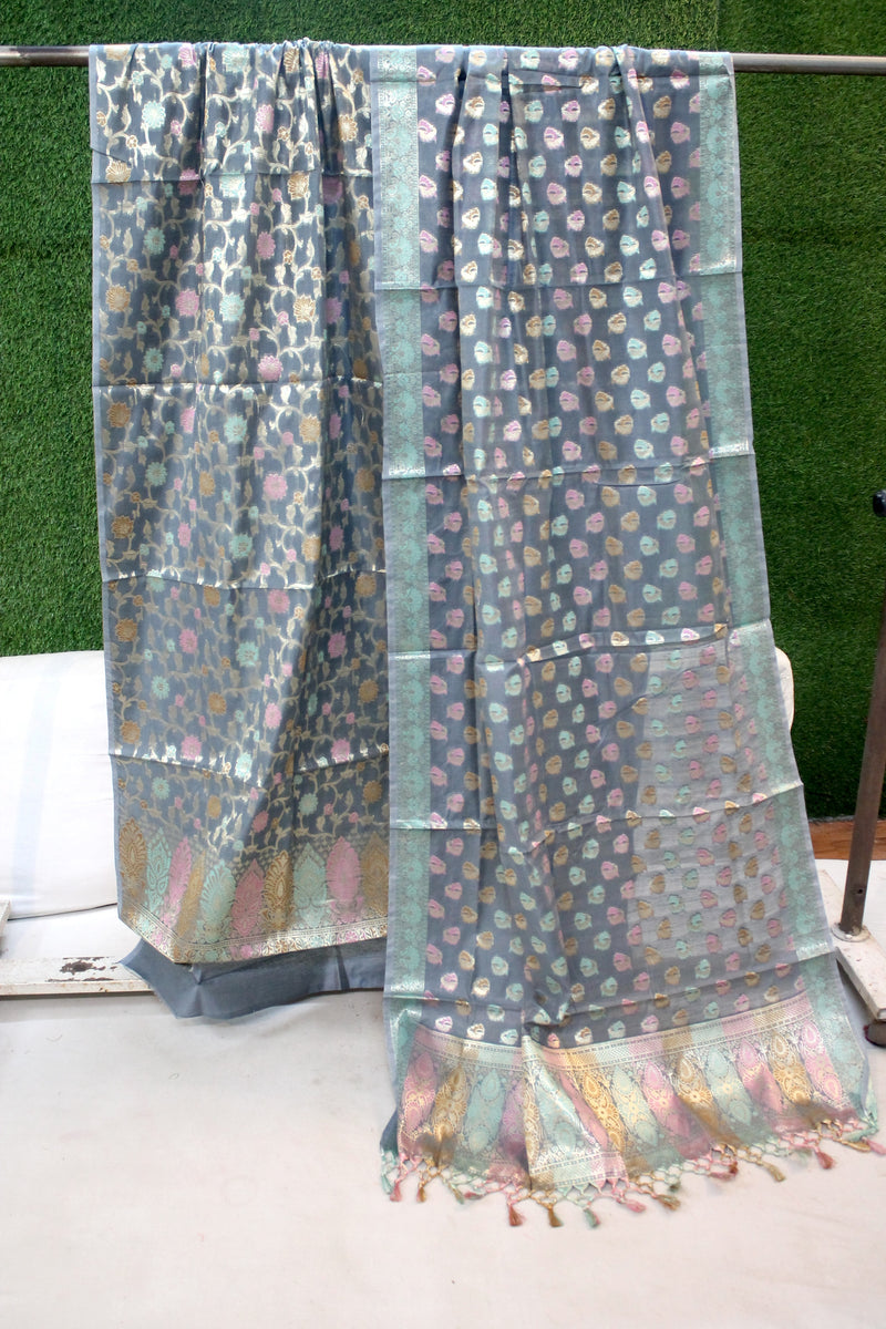 Grey Tilfi Weave 3-Piece Pure Cotton Handloom Banarasi Suit Set by Shades Of Benares - banarasi - banarasi saree shop