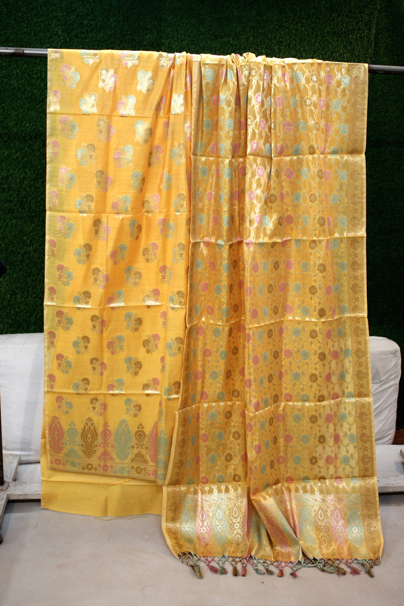 Yellow Tilfi Weave 3-Piece Pure Cotton Handloom Banarasi Suit Set by Shades Of Benares - banarasi - banarasi saree shop