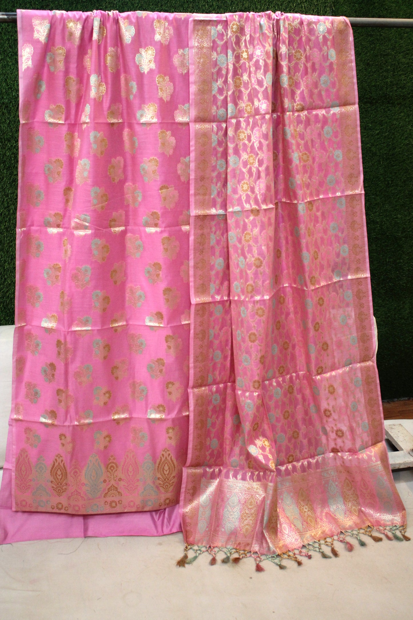 Pink Tilfi Weave 3-Piece Pure Cotton Handloom Banarasi Suit Set by Shades Of Benares - banarasi - banarasi saree shop