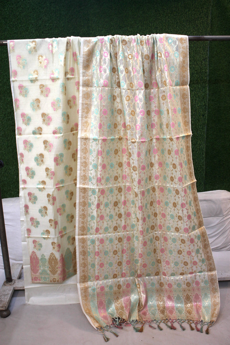 White Tilfi Weave 3-Piece Pure Cotton Handloom Banarasi Suit Set by Shades Of Benares - banarasi - banarasi saree shop