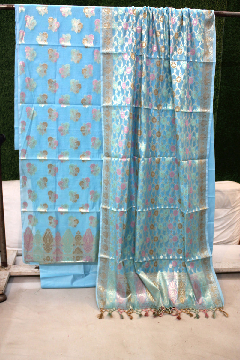 Blue Tilfi Weave 3-Piece Pure Cotton Handloom Banarasi Suit Set by Shades Of Benares - banarasi - banarasi saree shop