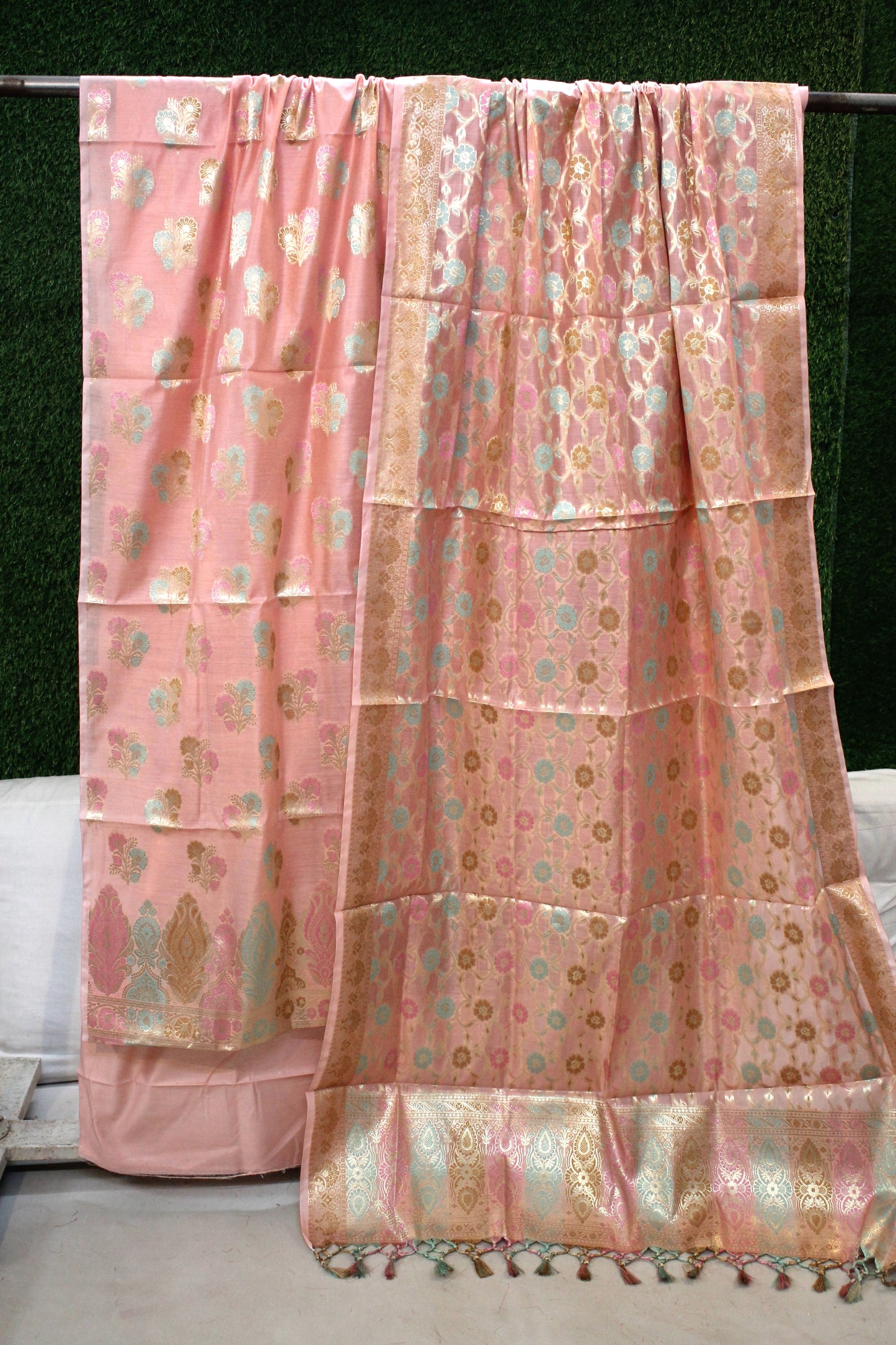 Baby Pink Tilfi Weave 3-Piece Pure Cotton Handloom Banarasi Suit Set by Shades Of Benares - banarasi - banarasi saree shop